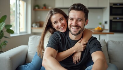 A happy couple sits together on a soft sofa, radiating joy and affection in a bright, inviting living room. The woman, with long brown hair, hugs the man from behind, both smiling broadly, showcasing