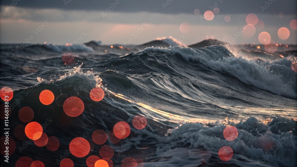 Poster A dramatic seascape with crashing waves and a bokeh effect of warm light creating a dreamy atmosphere.
