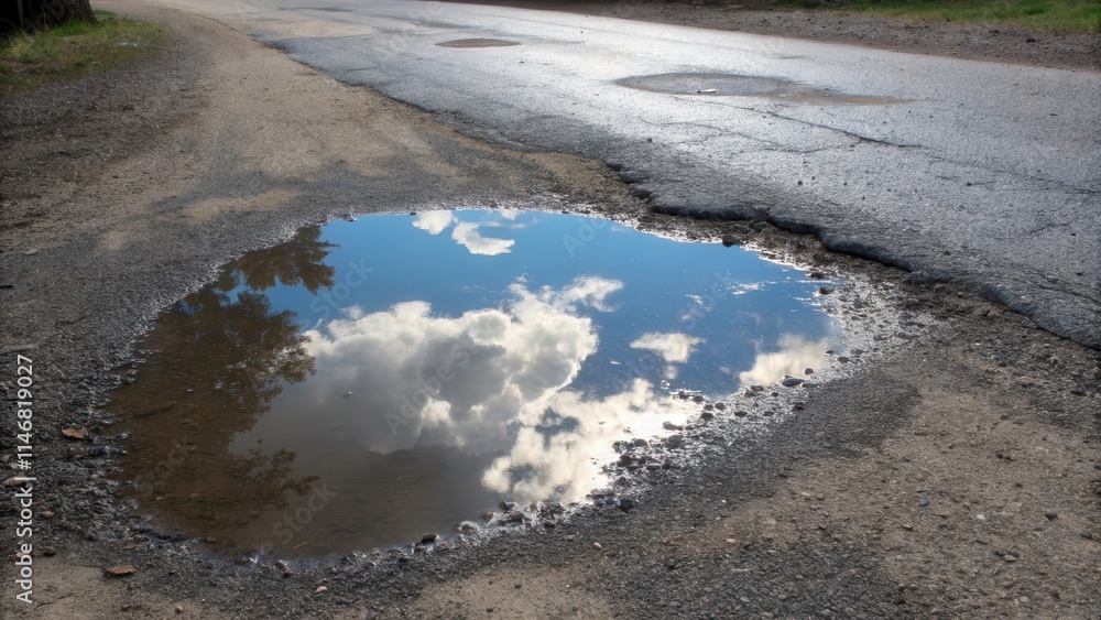 Poster A reflection of a sky filled with clouds in a small puddle on a cracked road, creating a captivating interplay of light and shadow.