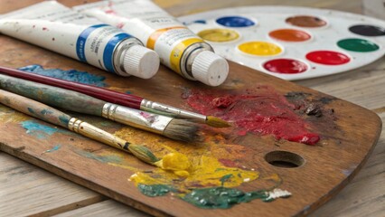Fototapeta premium A well-loved wooden artist's palette with tubes of paint, brushes, and traces of colorful hues