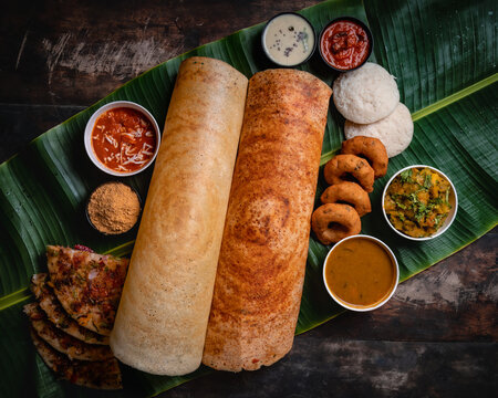 south Indian food on banana leaf.