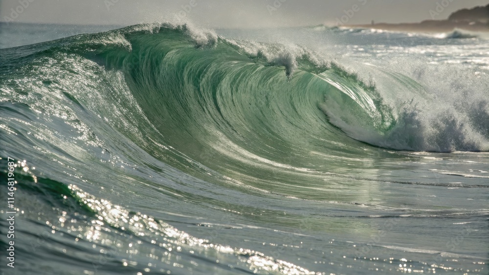 Poster a large wave curls and breaks, showcasing the powerful and beautiful nature of the ocean.