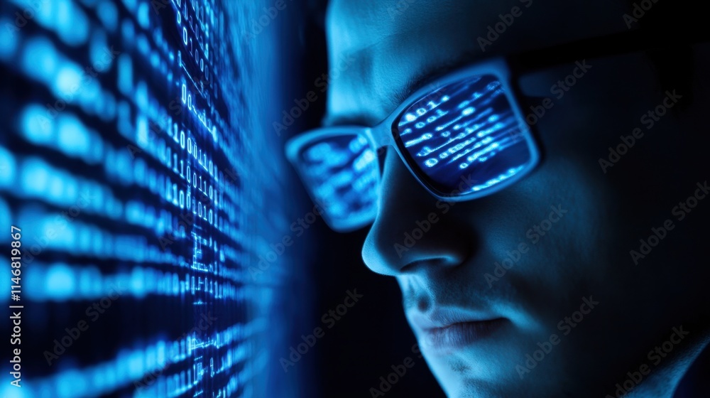Poster person with glasses, looking at a screen filled with binary code, suggesting a theme related to tech