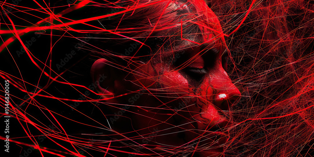 Poster portrait of a face with red paint and red web-like strands