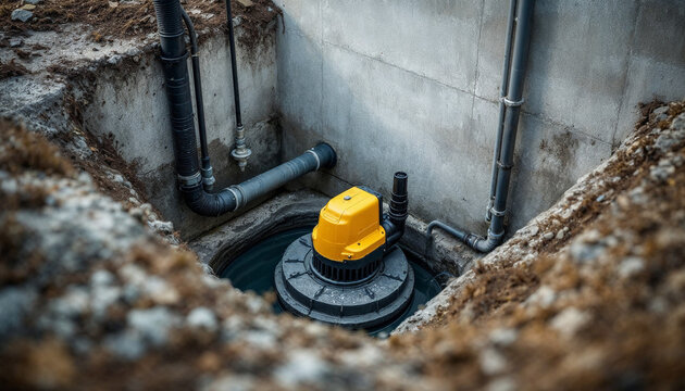 A detailed shot of a sump pump system in a concrete pit, highlighting functionality and drainage.