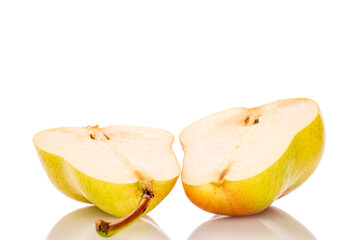 One cut yellow ripe pear, close-up, isolated on white background.