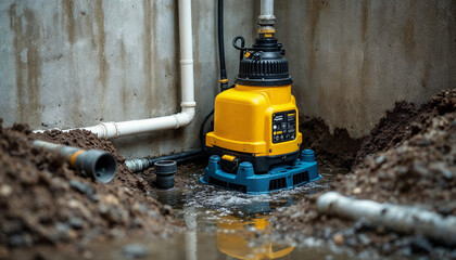 A detailed shot of a sump pump system in a concrete pit, highlighting functionality and drainage.
