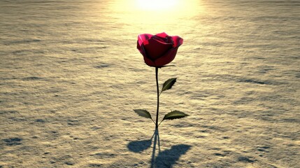 A Beautiful Red Rose Standing Alone on a Textured Surface with a Soft Glow of Sunlight in the Background, Symbolizing Love and Resilience in Nature