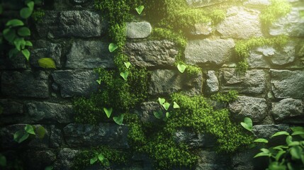 Sunlit mossy stone wall texture.