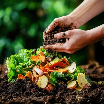 Food waste for fertilize soil. Hands adding soil to a pile of garden compost with vegetable scraps.