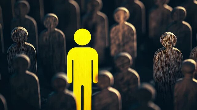 A bright yellow figure stands alone amidst a sea of gray silhouettes, symbolizing the journey of leadership and individuality in a crowded world. Choices define success