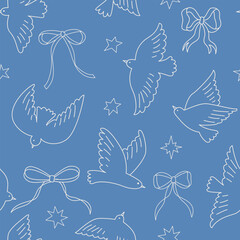 Seamless pattern with abstract birds, bows and stars. Trendy hand drawn coquette illustration. Valentine's day background, wrapping paper.
