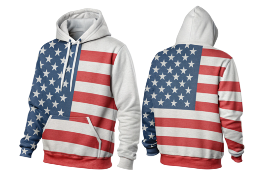 USA Flag Hoodie - Perfect for Celebrating American Pride - Stylish and Comfortable, front and back view mockup - Powered by Adobe