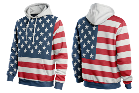 Patriotic American Flag Hoodie - Stylish and Comfortable, front and back view mockup - Powered by Adobe