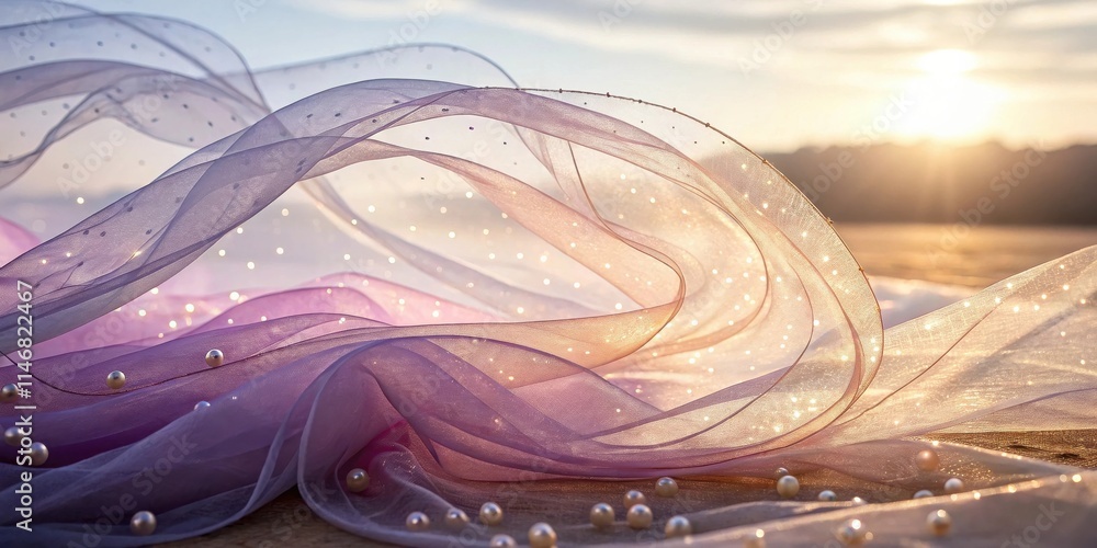Poster delicate fabric swirling with light and scattered pearls in a golden hour setting
