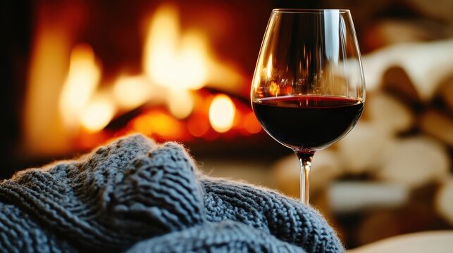 A cozy scene featuring a glass of red wine beside a knitted blanket, with a warm fireplace in the background, creating an inviting atmosphere.