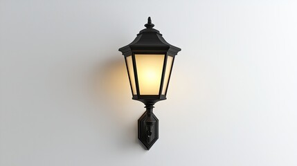 A classic black wall-mounted lantern emitting a warm glow.