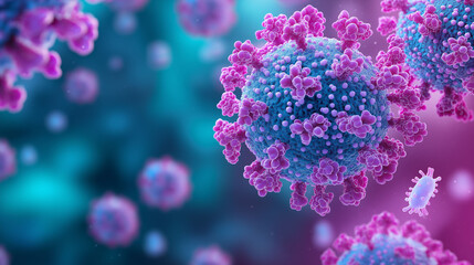 Norovirus virus symptoms gastroenteritis transmission. Colorful microscopic view of viral particles in a dynamic, abstract environment.