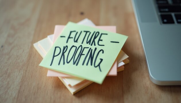 A vibrant stack of sticky notes sits on a wooden desk, with a bold Future Proofing note prominently displayed. This image captures the essence of planning and innovation, inspiring viewers to think