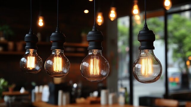 Four vintage Edison bulbs illuminate a cafe.