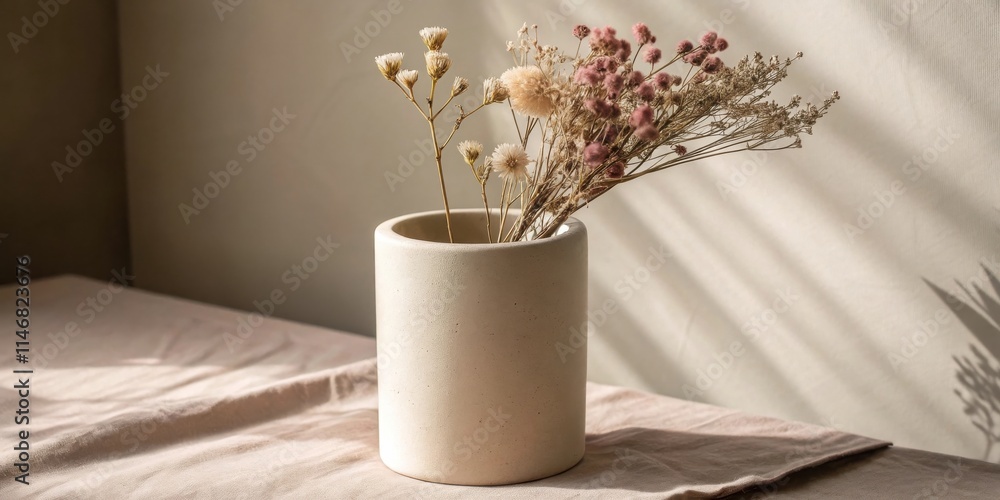 Poster dried flower arrangement in a ceramic vase on a linen tablecloth with sunlight streaming through the