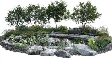 A serene garden scene featuring a pond, rocks, and seating for relaxation.
