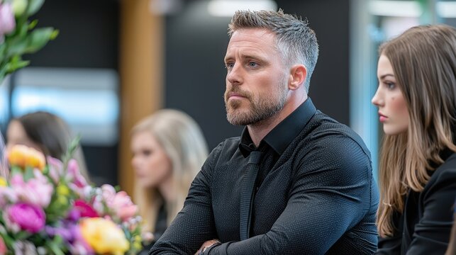 Man and woman in black attire attending a somber event, flowers in foreground.