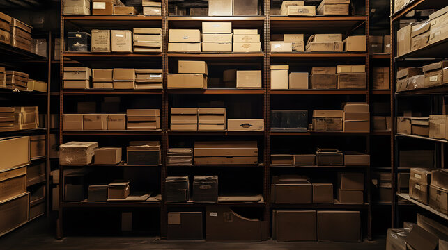 A dimly lit warehouse, packed to the brim with countless cardboard boxes, creating a mesmerizing labyrinth of storage.  The sheer volume of boxes hints at a vast archive or long-forgotten history.