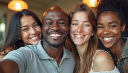 Fototapeta premium A cheerful group of four friends, two men and two women, are taking a selfie together, radiating happiness and warmth. Their bright smiles and close proximity create an atmosphere of friendship and