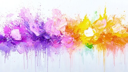 Obraz premium Abstract colorful paint splatter background with vibrant purple, pink, orange, and yellow acrylic drips on a white canvas.