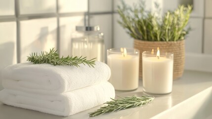 A serene bathroom scene with candles, towels, and rosemary.  A peaceful and luxurious spa-like atmosphere.