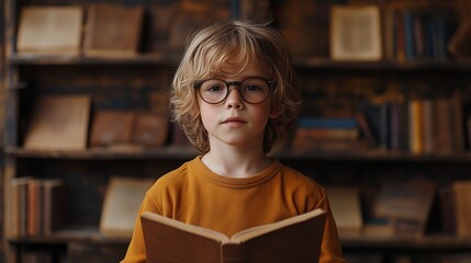 Curious child in glasses reading book in library with vintage bookshelf