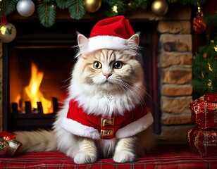 Katze im Weihnachtsmannkostüm vor Kamin – Festliches Tierbild für die Weihnachtszeit