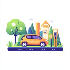 A vibrant illustration of an electric car charging in a green environment.