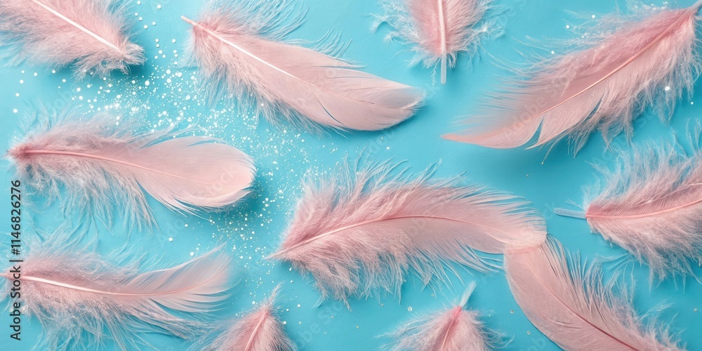 Poster delicate pink feathers scattered on a vibrant blue background with a sprinkle of silver glitter, cre