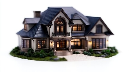 Luxurious house model, night view, isolated.