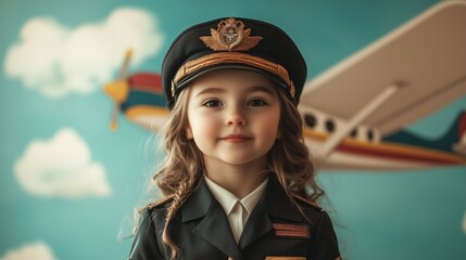 Young girl in pilot uniform with vintage airplane backdrop