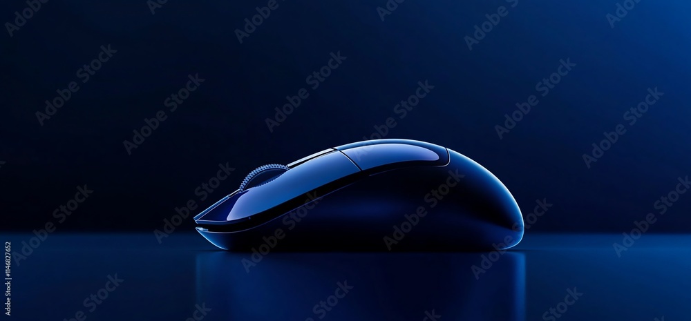 Poster a sleek blue computer mouse displayed against a dark background.