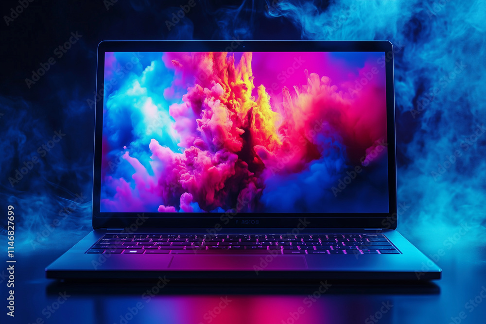 Poster laptop computer with a colorful screen displaying a smokey background. concept of creativity and art
