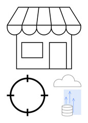 Small storefront with striped awning, circular target, cloud, data storage symbol. Ideal for business strategy, retail marketing, data analysis, cloud computing, precision targeting storage