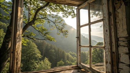 Fototapeta premium A weathered window frame reveals a breathtaking view of lush green forest nestled between rolling hills, bathed in the soft glow of a misty morning
