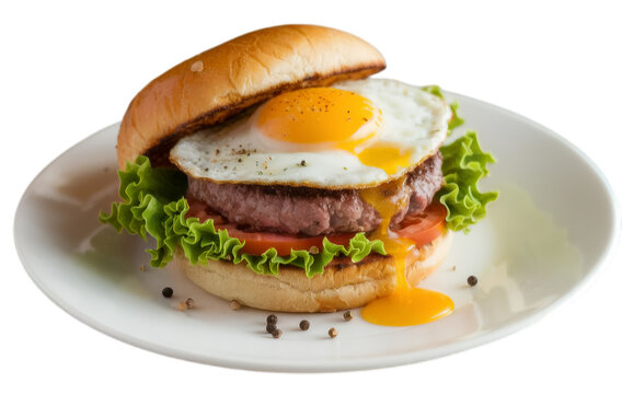Isolated burger on a plate cutout with transparent background png - Powered by Adobe