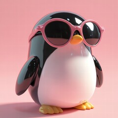 Cute toy model of a penguin wearing sunglasses pastel color palette studio setting adorable figure
