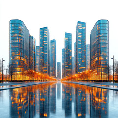 Cityscape at dawn, modern skyscrapers reflecting in water.
