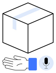 Cube-shaped package, outstretched hand, and microphone symbol. Ideal for parcel delivery, voice commands, contactless services, customer interaction, technology, user interface and logistics topics