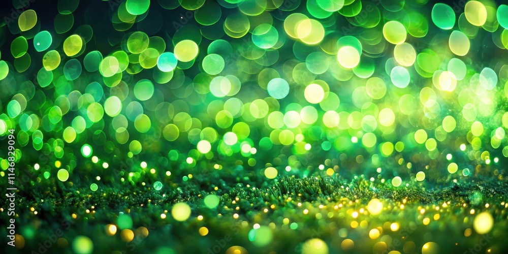 Aufkleber Abstract Green and Yellow Bokeh Background with Soft, Out-of-Focus Circles of Light and a Blurred Green Surface Below