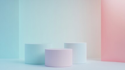Pastel Color Display Pedestals. Minimalist Geometric Background. Soft Pastel Colors. Modern Exhibition Stand.