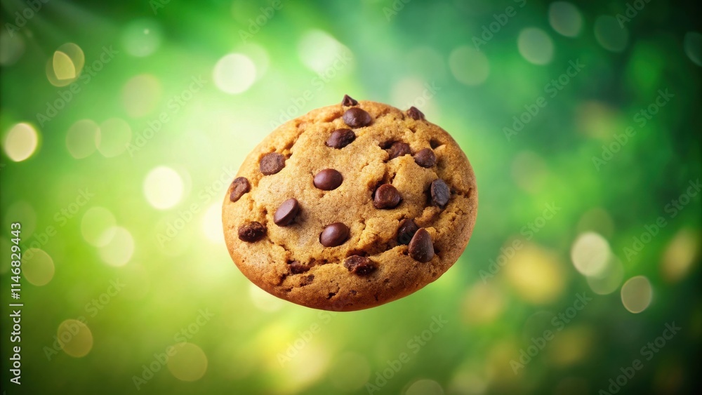 Poster a single chocolate chip cookie levitates against a dreamy green backdrop with bokeh effects.