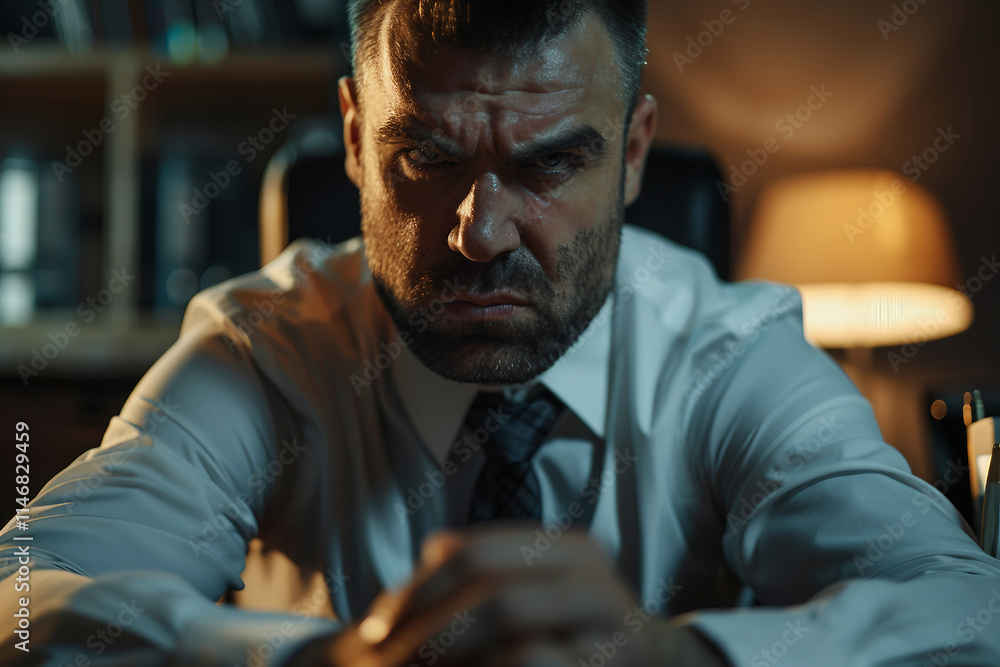 Poster created with generative ai image of angry severe strict man office worker