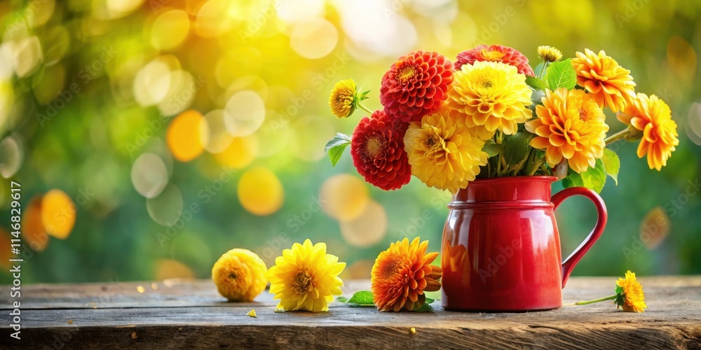 Poster a rustic bouquet of red and yellow flowers in a vibrant red pitcher on a weathered wooden table with